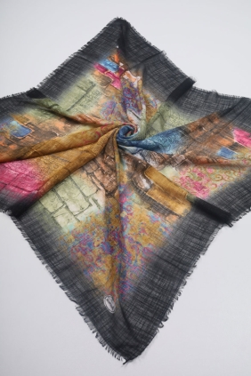 Yasemin İpek Desenli Keten Flamlı Eşarp - Desen-03